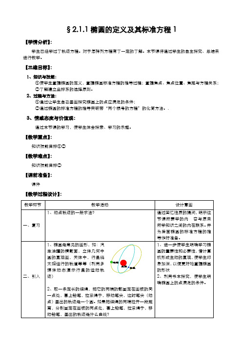 人教A版选修1-1教案：2.1.1椭圆定义及其标准方程1(含答案)