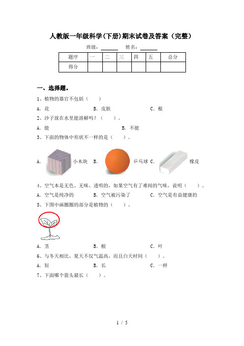 人教版一年级科学(下册)期末试卷及答案(完整)