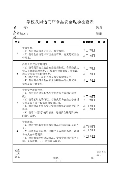 学校及周边商店食品安全现场检查表