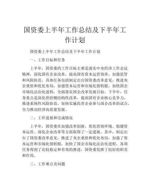 国资委上半年工作总结及下半年工作计划