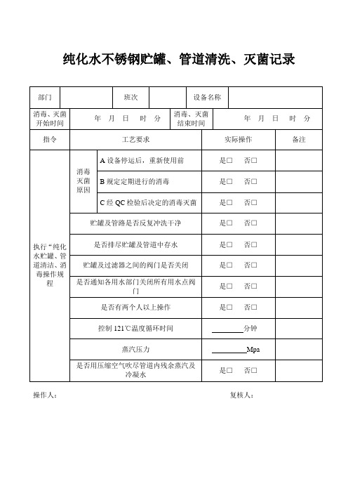 纯化水不锈钢贮罐、管道清洗、灭菌记录