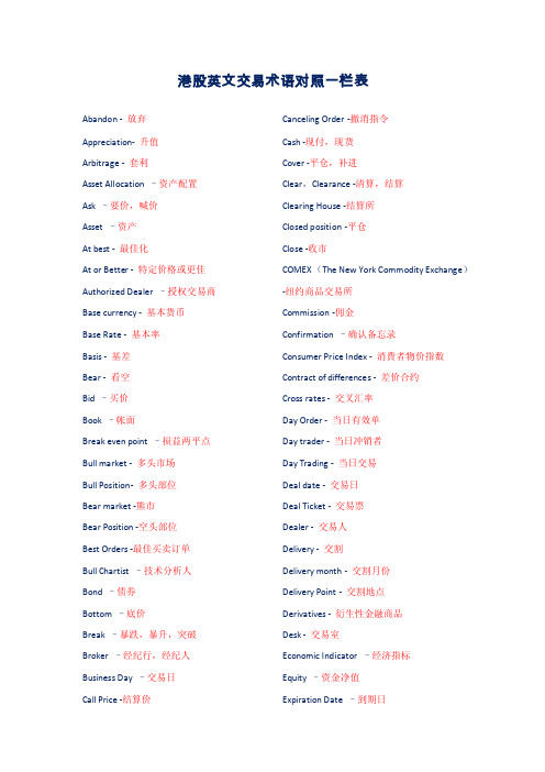 港股英文交易术语对照一栏表