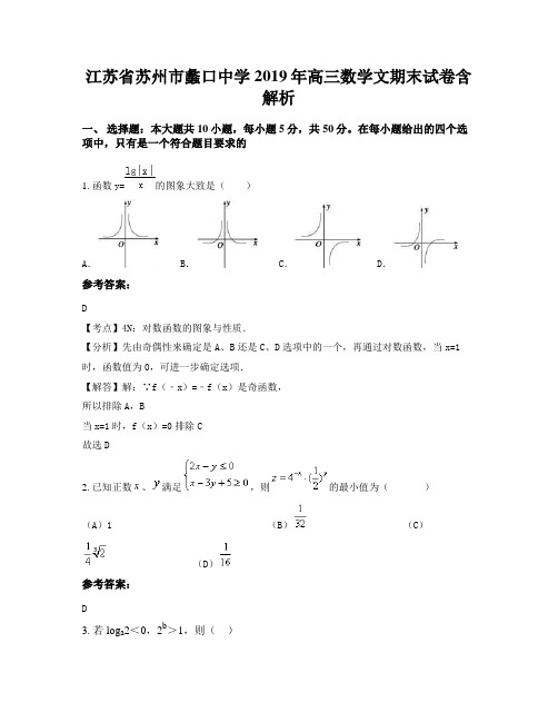 江苏省苏州市蠡口中学2019年高三数学文期末试卷含解析