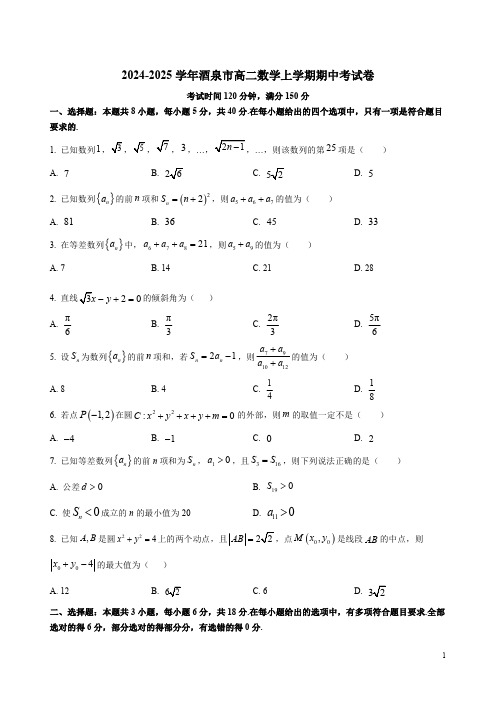 2024-2025学年酒泉市高二数学上学期期中考试卷附答案解析