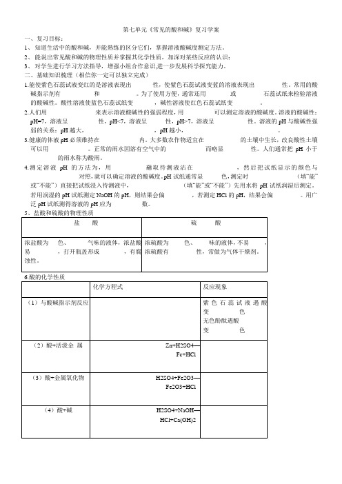 2012秋鲁教版化学九年第七单元《常见的酸和碱》word复习学案