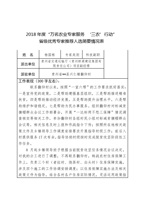 2018年度万名农业专家服务‘三农’行动省级优秀专家推荐人选简要情况表【模板】