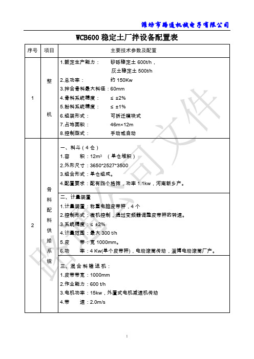 WCB600稳定土厂拌设备配置表