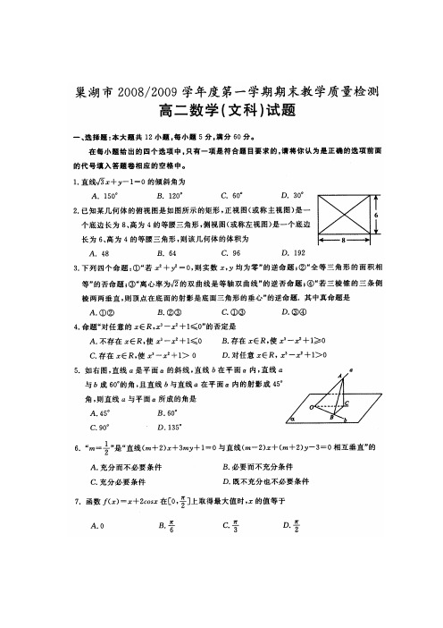 安徽省巢湖市高二上学期期末检测高(数学文)