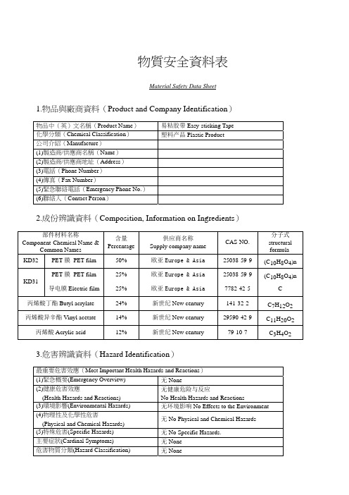 自粘包装上盖带MSDS物质安全资料表