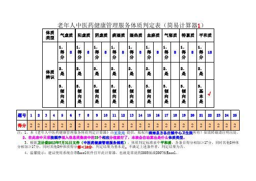 老年人中医药健康管理管理服务体质辨识判定表(自动计算器1)