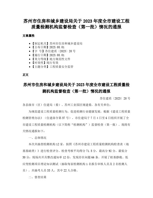 苏州市住房和城乡建设局关于2023年度全市建设工程质量检测机构监督检查（第一批）情况的通报