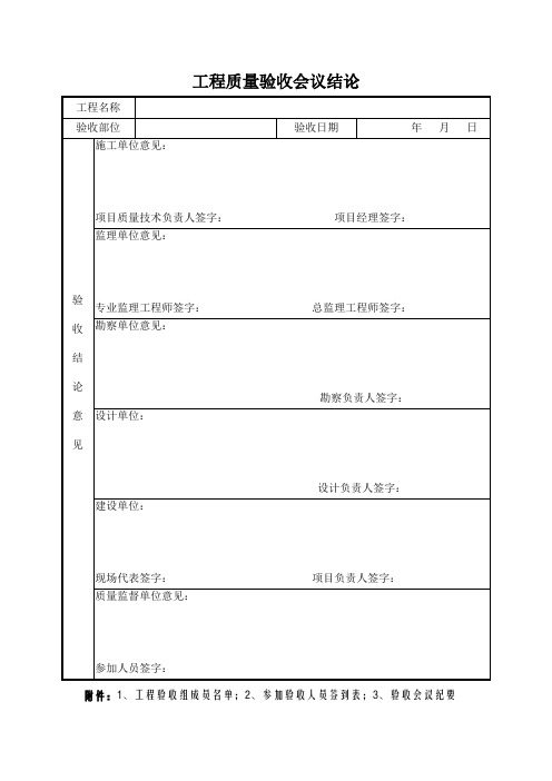 工程质量验收会议结论、验收组成员名单、参加验收人员签到表、会议纪要、实测项目检查记录表