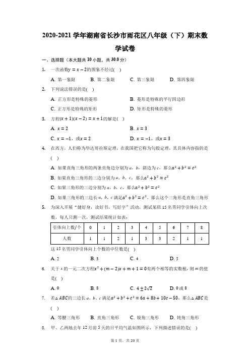 2020-2021学年湖南省长沙市雨花区八年级(下)期末数学试卷(附答案详解)