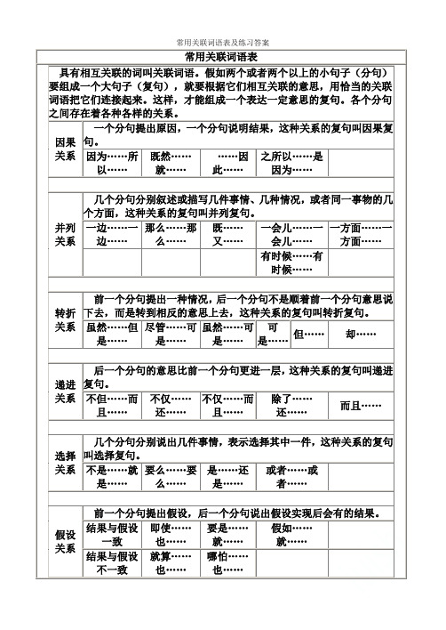 常用关联词语表及练习答案
