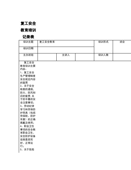 复工安全教育培训记录表