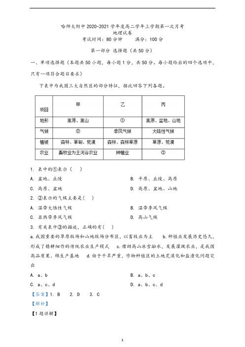 黑龙江省哈尔滨师范大学附属中学2020-2021学年高二10月月考地理试题(解析版)