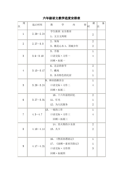 六年级语文教学进度安排表