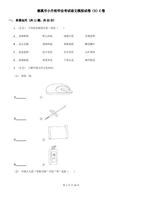 慈溪市小升初毕业考试语文模拟试卷(3)C卷