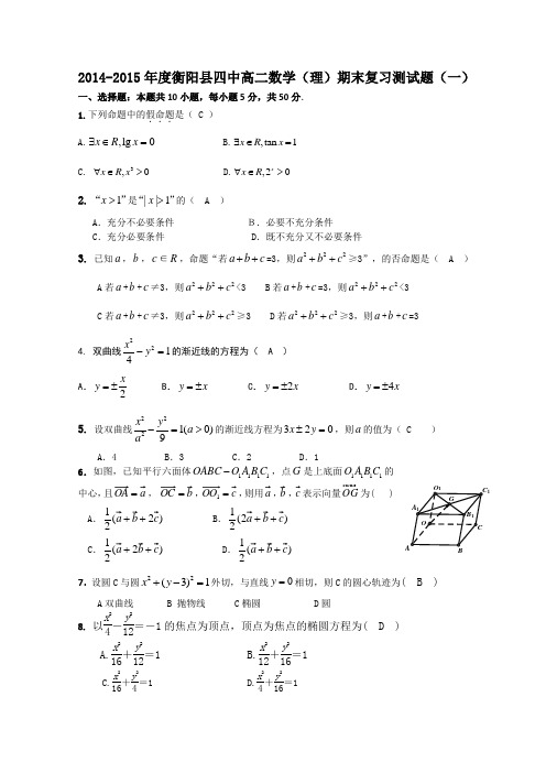 湖南省衡阳县第四中学2014-2015学年高二上学期期末复习数学理试题(1) Word版含答案