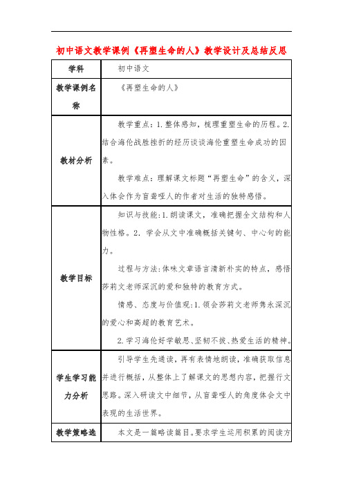 初中语文教学课例《再塑生命的人》教学设计及总结反思