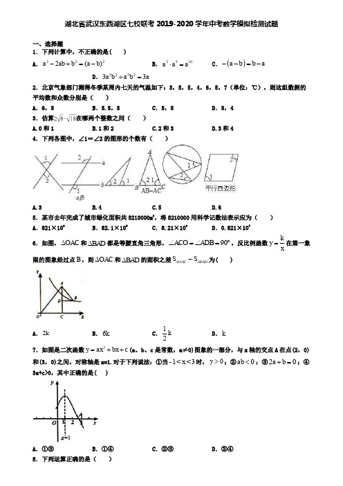 湖北省武汉东西湖区七校联考2019-2020学年中考数学模拟检测试题