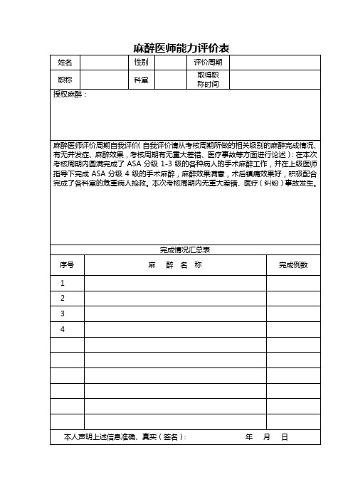 麻醉医师能力评价表