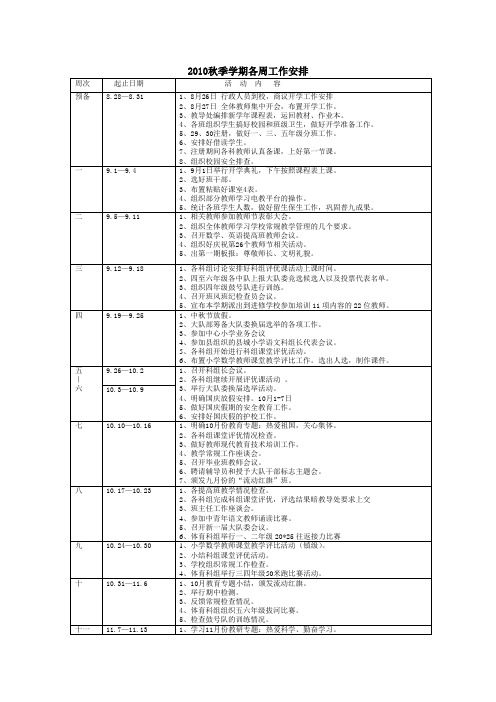 2010秋季学期各周工作安排