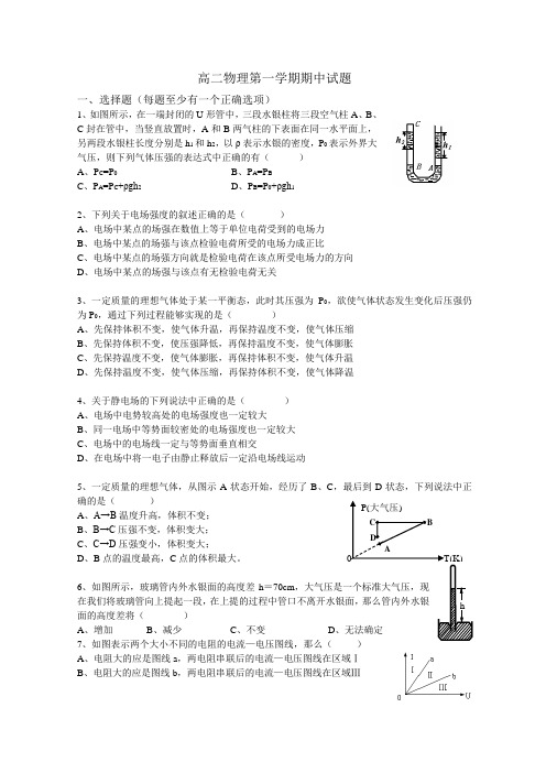 高二物理第一学期期中试题(附答案)