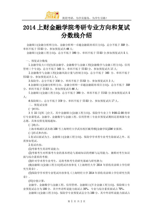 2014上财金融学院考研专业方向和复试分数线介绍