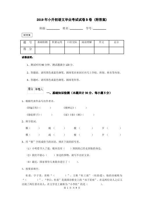 2019年小升初语文毕业考试试卷B卷 (附答案)