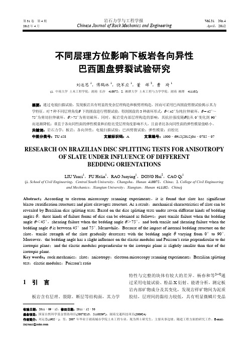 不同层理方位影响下板岩各向异性巴西圆盘劈裂试验研究