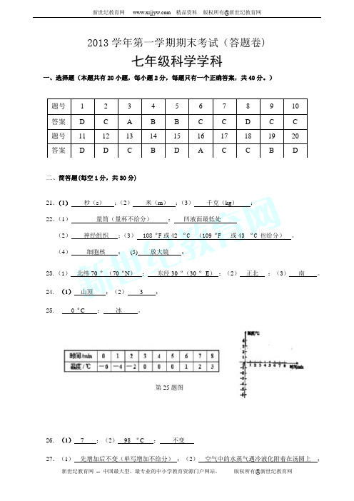 2013学年第一学期期末考试七年级科学学科