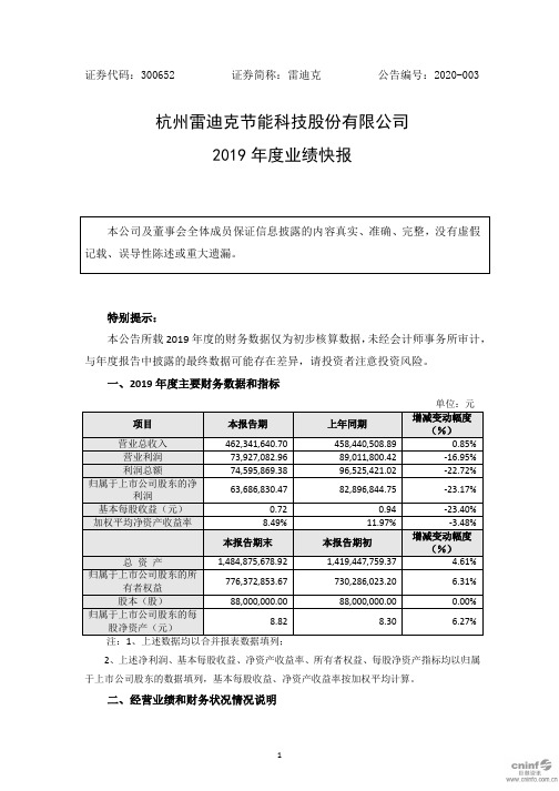 雷迪克：2019年度业绩快报