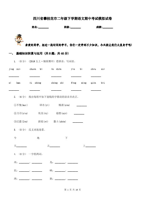 四川省攀枝花市二年级下学期语文期中考试模拟试卷