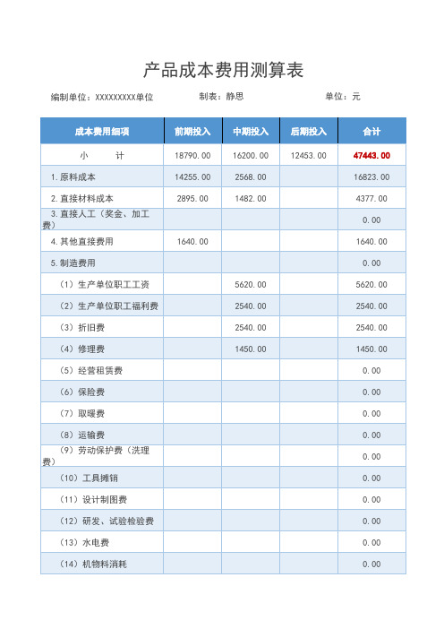 产品成本费用测算表