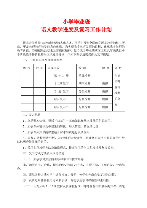 小学毕业班语文复习计划思路措施及知识点