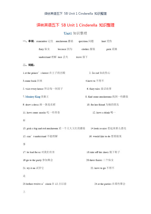 译林英语五下 5B Unit 1 Cinderella 知识点整理