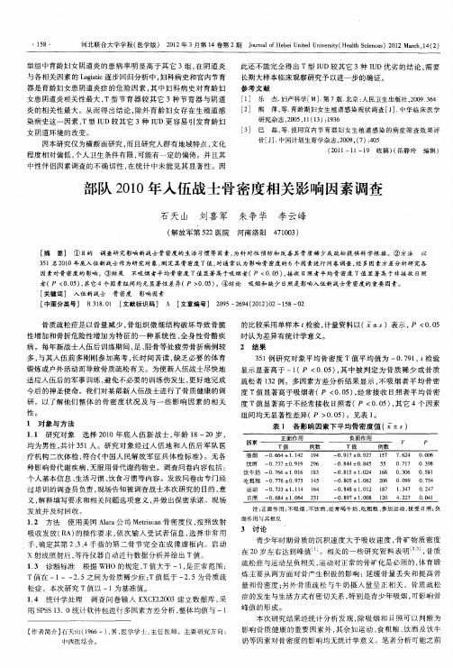 部队2010年入伍战士骨密度相关影响因素调查