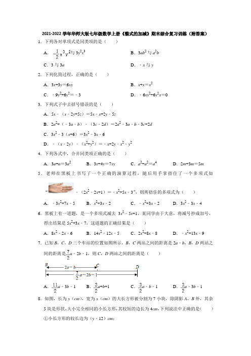 2021-2022学年华师大版七年级数学上册《整式的加减》期末综合复习训练(附答案)