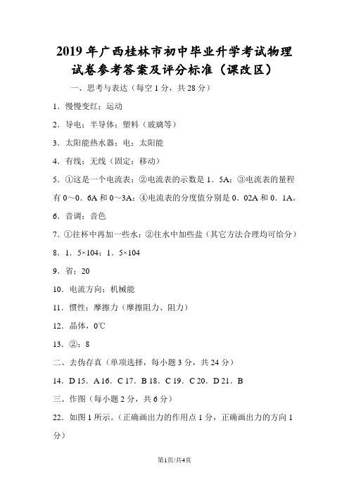 广西桂林市初中毕业升学考试物理试卷参考答案及评分标准(课改区)