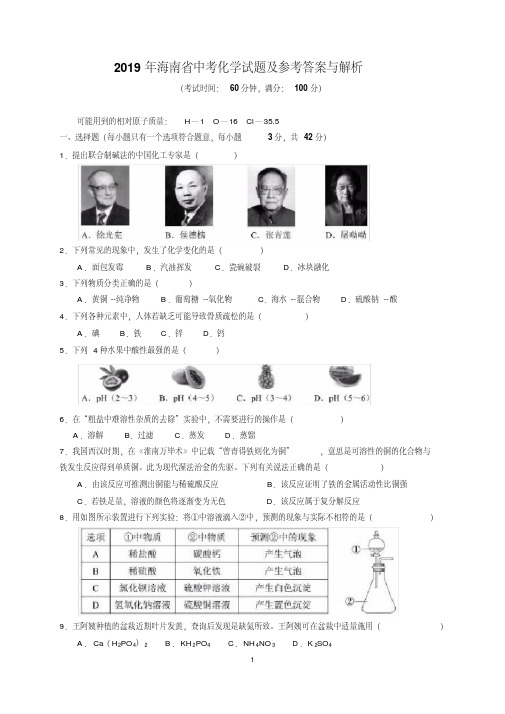 最新2019年海南省中考化学试题及参考答案(word解析版)