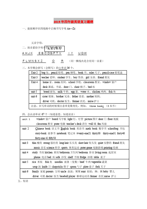 2019年四年级英语复习题纲