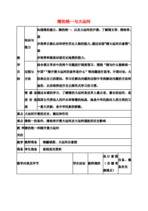 七年级历史下册第1课隋的统一与大运河教案北师大版