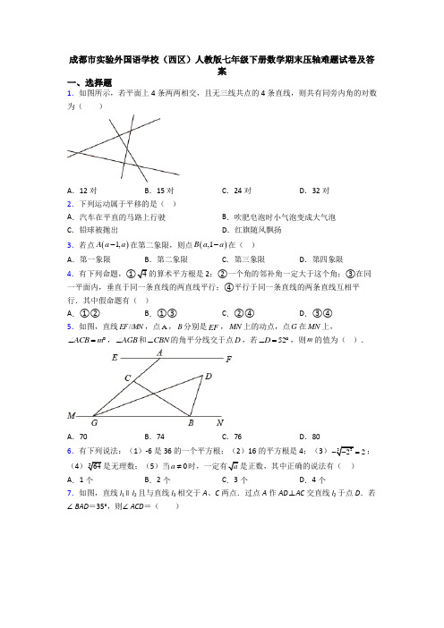 成都市实验外国语学校（西区）人教版七年级下册数学期末压轴难题试卷及答案