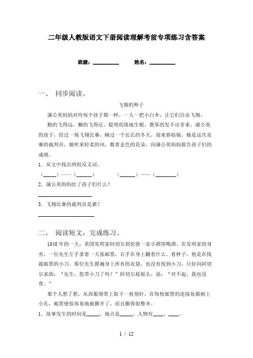 二年级人教版语文下册阅读理解考前专项练习含答案