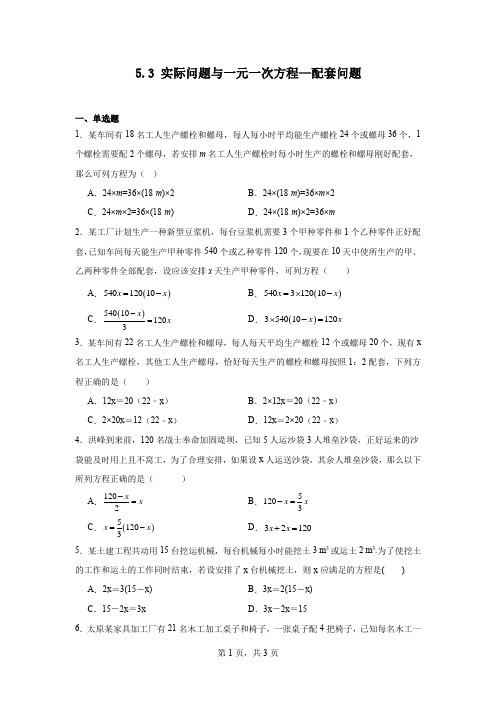 2024-2025学年人教版数学七年级上册5.3实际问题与一元一次方程—配套问题