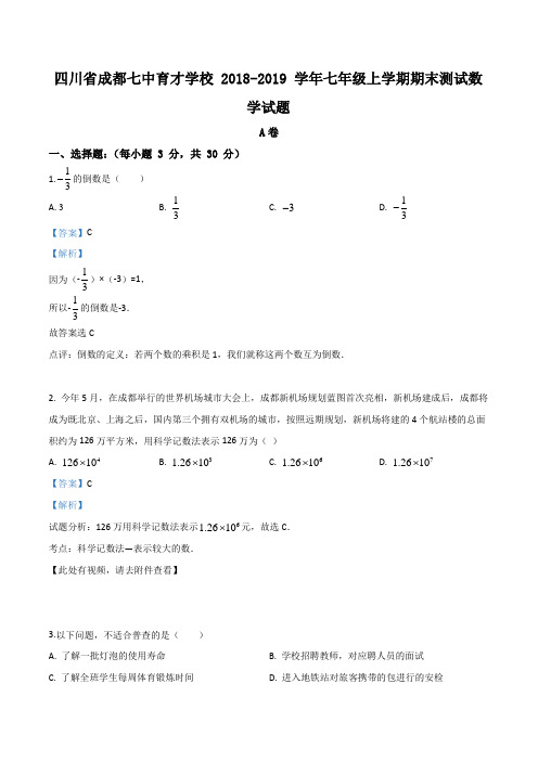 四川省成都七中育才学校2018-2019学年七年级上学期期末测试数学试题(解析版)