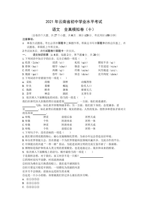 2021年云南中考语文全真模拟卷(十)