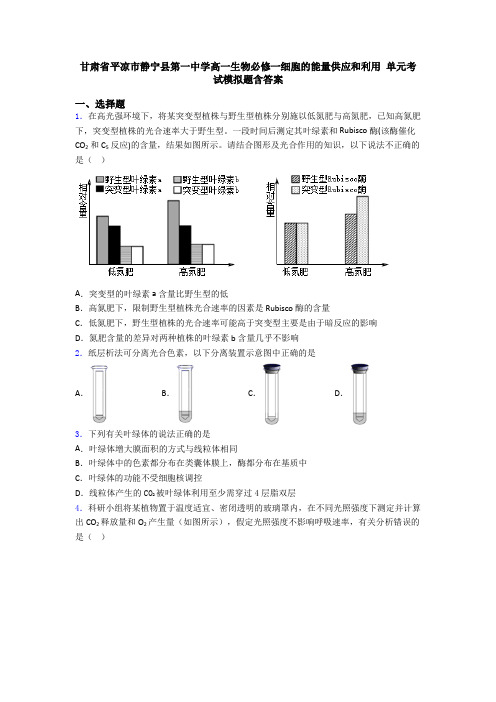 甘肃省平凉市静宁县第一中学高一生物必修一细胞的能量供应和利用 单元考试模拟题含答案