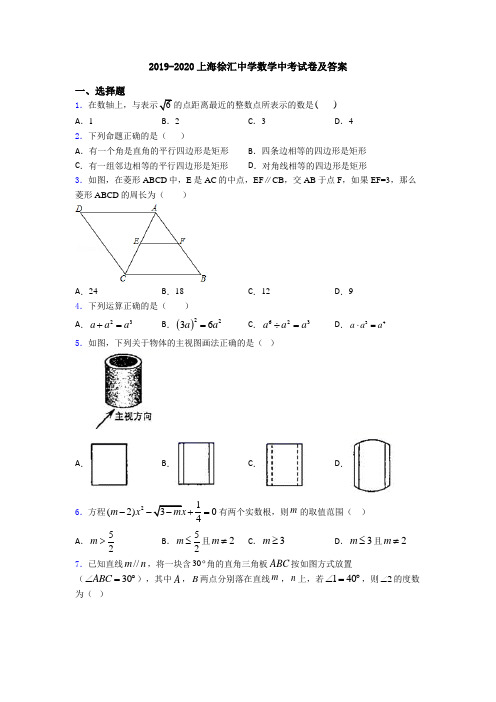 2019-2020上海徐汇中学数学中考试卷及答案